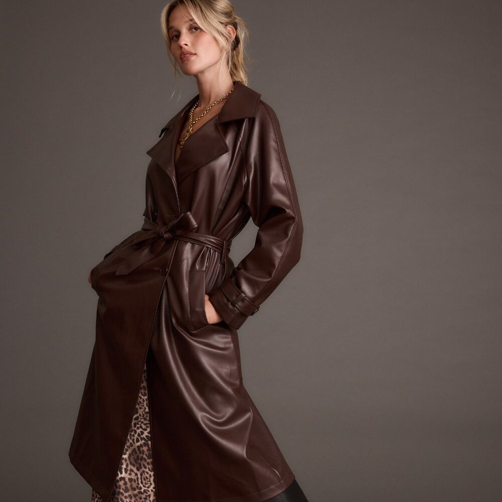 12th Tribe Brynne Faux Leather Mahogany Brown Trench Size L